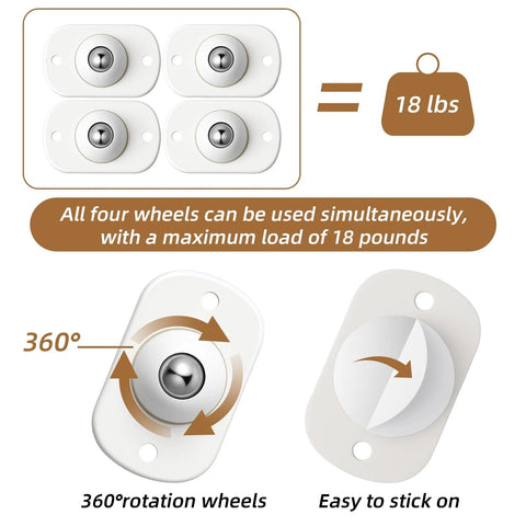 Diagram showing Eight Pack Self Adhesive Caster Wheels With 360 Degree Swivel and max load of 18 lbs, easy stick-on feature