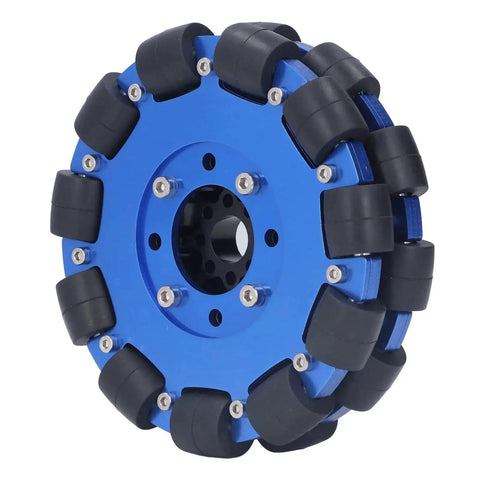 5 Inch Omni Wheel with Aluminum Alloy Hub for DIY Robots, featuring a blue metal hub with black rollers for omnidirectional movement