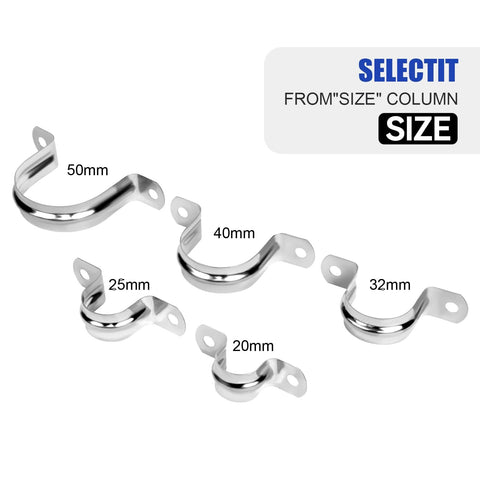 Five stainless steel conduit clamps in sizes 50mm, 40mm, 32mm, 25mm, 20mm; two-hole U brackets for pipe fixing.