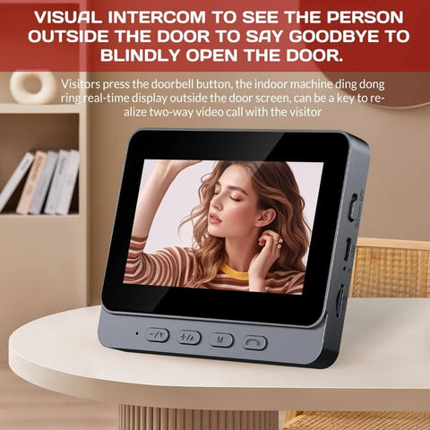 No WiFi Video Doorbell With Monitor on table, showing 4.3 inch IPS screen with two-way audio and night vision, ideal for seniors
