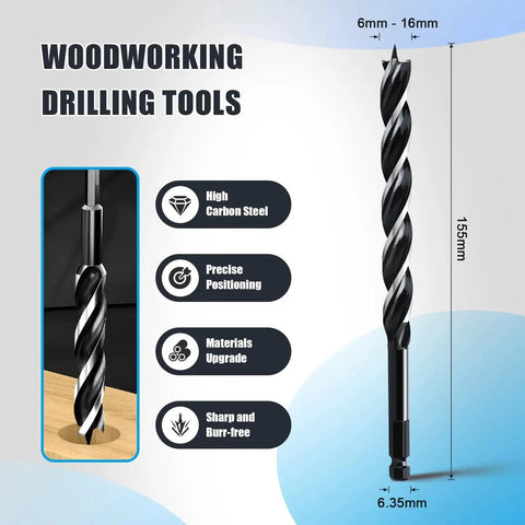 Five Eighths Inch By Six Inch Auger Drill Bit With Quick Change One Quarter Inch Hex Shank Tri Flute, shown in use.