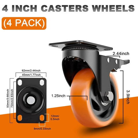 4-inch orange locking caster wheels set of 4 with dual brakes, polyurethane wheels for workbenches and carts