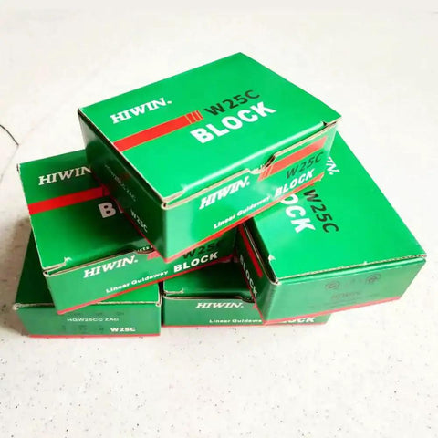 Stack of boxes labeled 'HIWIN W25C Block' containing HGW25CC Linear Block Carriage And Guide Rail Assembly Built For CNC Machines Pro Grade