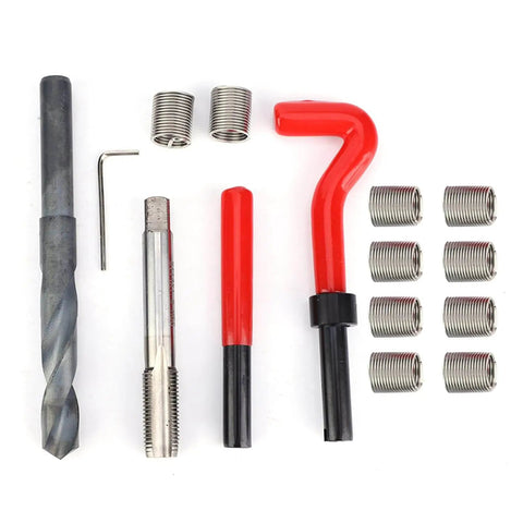 15 Piece Helicoil Thread Repair Kit For Automotive Use M14x1.5 Stainless Steel Thread Inserts Assortment On White Background