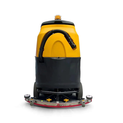 Rear view of the Beast Ride On Floor Scrubber For Large Spaces With A 45 Inch Cleaning Path Delivers About 70 000 Sq Ft Per Hour Dual Disc Brush 53 Gallon Water Tank Heavy Duty Floor Cleaning Machine For Warehouses Malls And Industrial Use.
