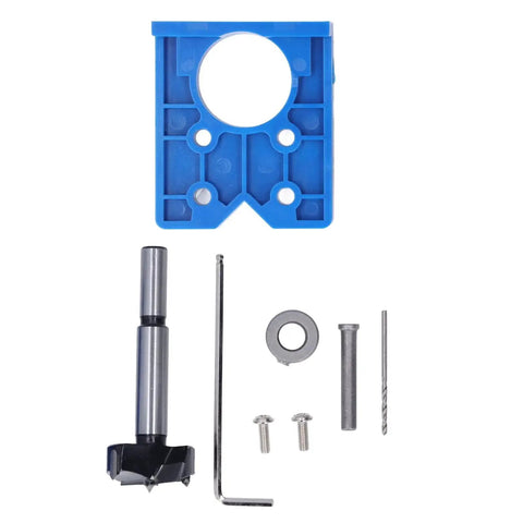 35mm Hinge Hole Saw Jig Drill Guide Set for woodworking and door hardware installations adjustable depth stop from 15mm to 45mm ABS plastic