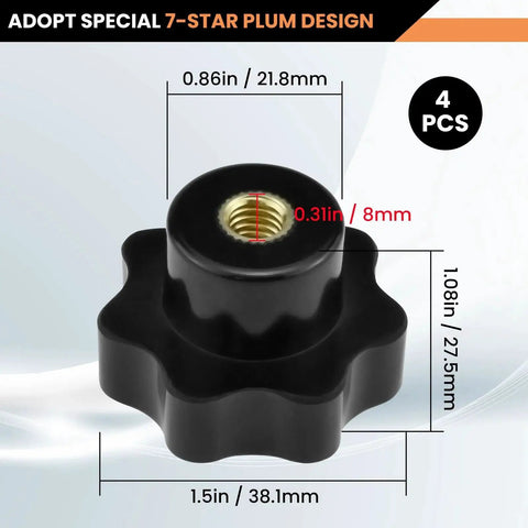 4 Pack M8 Knurled Thread Clamping Knob With Brass Insert, 7-star design, dimensions marked, black color