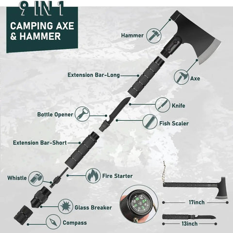 Diagram of 9-in-1 camping axe and hammer with components labeled like knife, fish scaler, compass, part of 262 Piece Survival Kit With First Aid Pouch And Crossbody Bag For 72 Hour Emergency Preparedness.