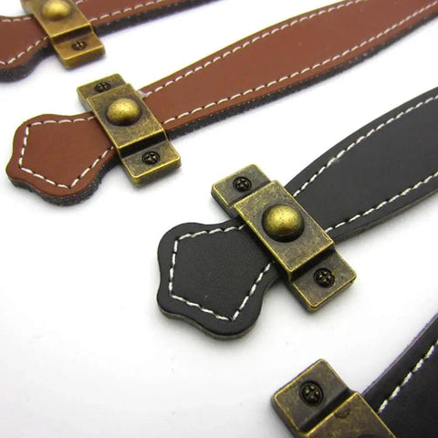 Two Pack Vintage Style PU Leather Cabinet Handles Zinc Alloy Drawer Pulls in brown and black, shown from above on white background