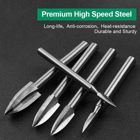 Wood Carving Drill Bits Set for Dremel Rotary Tool Five Piece Engraving Bits for Woodworking and DIY Crafts With One Eighth Inch Shank In 3mm 4mm 5mm 6mm And 8mm Sizes