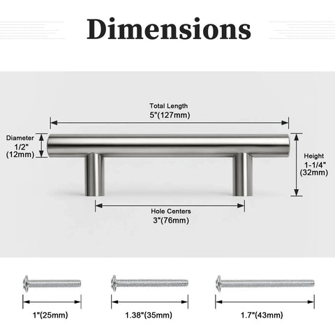 Six Pack Three Inch Hole Center Brushed Nickel T Bar Cabinet Pulls Stainless Steel Kitchen Cabinet Handles, dimensions view