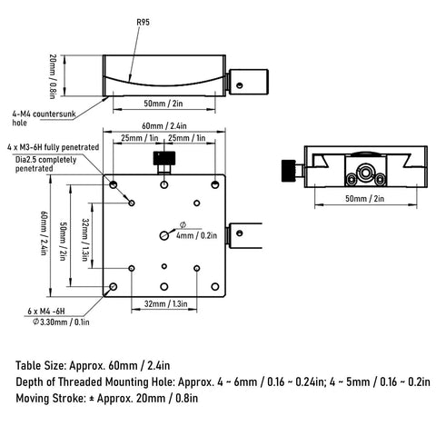 Technical diagram of a 60x60mm linear stage with goniometer and sliding translation for precise optical alignment measurements.