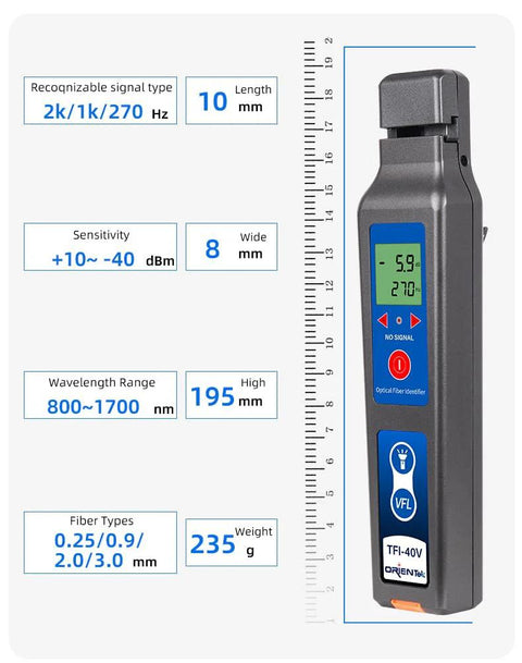 TFI-40V fiber optic identifier handheld device, black plastic body with blue display panel and VFL 10 mW LED