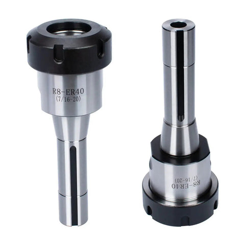 R8 ER40 Collet Chuck Milling Shank Holder With 7/16-20 Drawbar Thread in Hardened Alloy Steel, Side and Front View