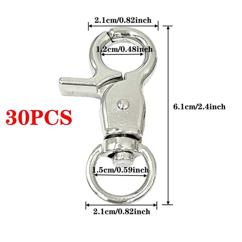Lobster Clasp Trigger Snap Hooks 360 Degree Swivel Zinc Alloy 30 Pack with measurements in inches for each part of the hook.