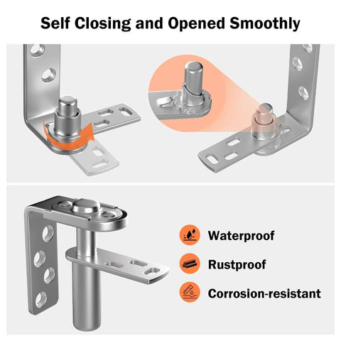 Close-up of Saloon Door Hinges Two Pack Double Action Stainless Steel Swing Hinge, highlighting waterproof and rustproof features.