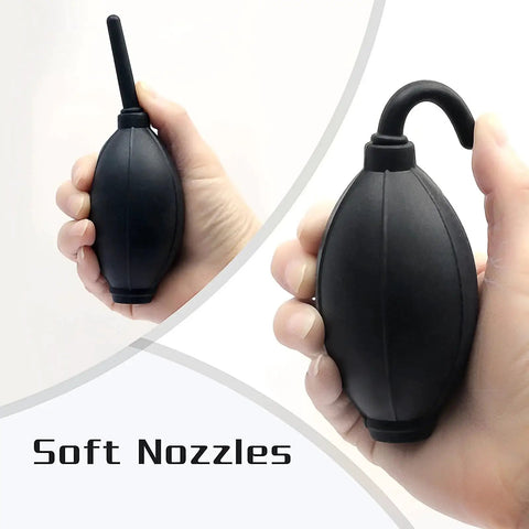 Front view of silicone soft tip air blower for DSLR cameras, showing dual soft nozzles and ergonomic design for electronics cleaning.