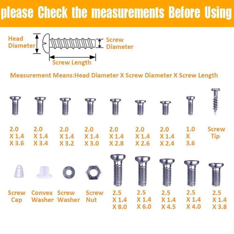 All-In-One Eyeglasses Repair Kit With Over 1000 Screws, screw size chart and types displayed, including screw caps and nuts.