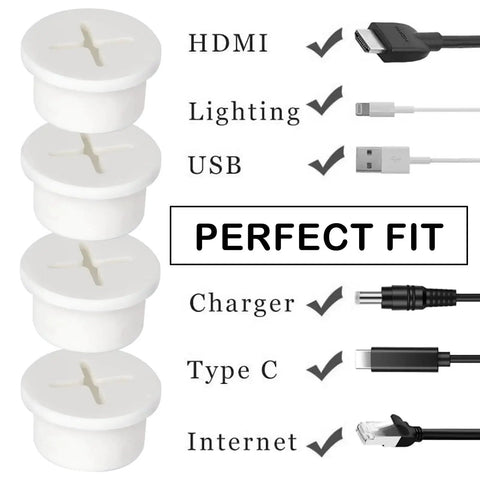Silicone Cable Grommet Set, 12 Pcs 3/4 Inch Hole Covers for Desk Cable Management, white finish, compatible with HDMI, USB, Type C cables.