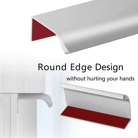 Close-up of 12 Pack Self Adhesive Drawer Pulls 3.15 Inch Silver Finger Edge Cabinet Handles No Drill Hidden Pulls with round edge design.