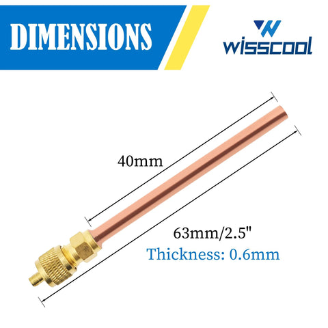 Wisscool copper HVAC Schrader service valve with brass connector, 1/4 in SAE x 1/4 in OD, 2.5 in stem