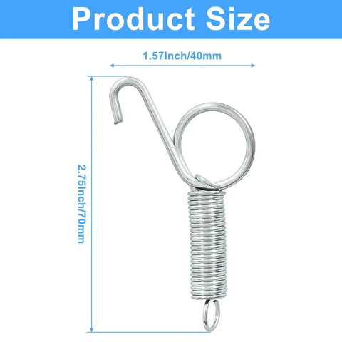 Close-up of silver galvanized 20 Pack Spring Latch Hooks for Pet Cages and Doors Metal Finger Locks, 2.75 in L, 1.57 in W.
