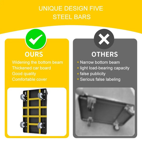 Comparison between heavy duty folding push cart with 1100 pound capacity and other carts, highlighting 5 steel bars and features.