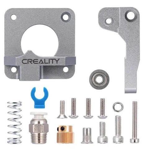Ender 3 Extruder Upgrade Metal Drive Feeder For 3D Printer Parts Gray Aluminum with screws, fittings, and components displayed
