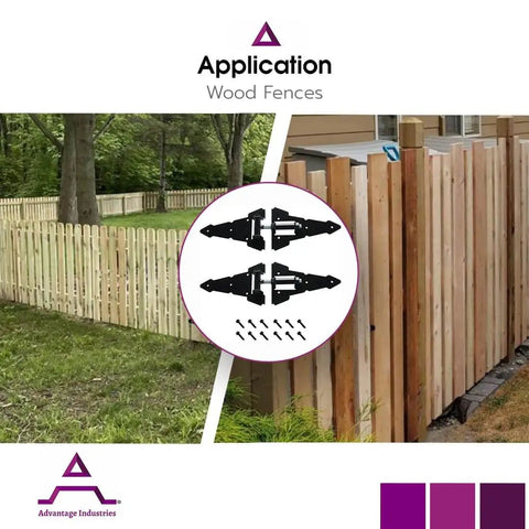 Heavy Duty Eight Inch Horizontal Self Closing Steel Strap Gate Hinge Pair For Wooden Fences Adjustable Zinc Plated Black Powder Coat Finish Built For Durability And Easy Install Advantage Industries displayed on wooden fences.