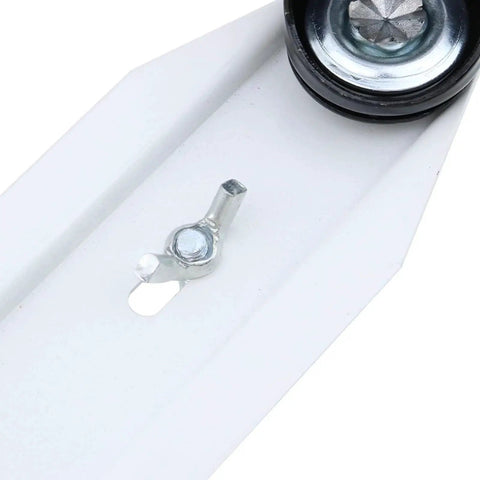 Close-up of a side view of 2-Pack Mobile Pulley Holders For Oil Filled Radiator, Iron Construction With White Wheel Design.