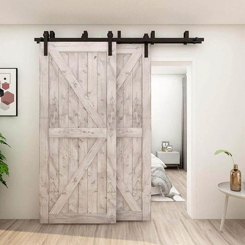 Heavy Duty Bypass Sliding Barn Door Hardware Kit For Low Ceiling Spaces, 12 Foot Double Track System Fits 72 Inch Wide Double Wooden Doors, J Shape Hangers, Steel Rails, Nylon Rollers, Anti Rust Design, Supports Up To 220 Lbs Inside Door installed in modern room