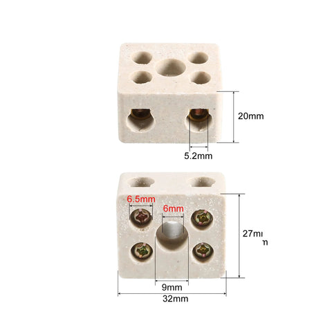 Ceramic 2-way terminal block top view; beige block with four wire holes, 20mm height.

Ceramic 2-way terminal block front view; beige block with screws, 32mm wide, 27mm high.