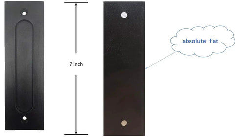 7 Inch Black Sliding Barn Door Finger Pull Set, Heavy Duty Modern Invisible Handle, Cast Iron, 2 Pieces, Front and Side View