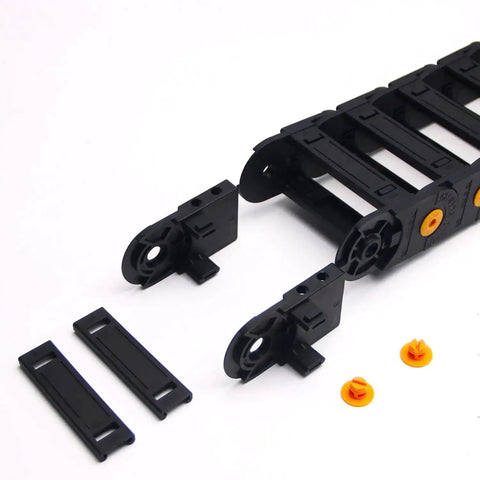 R100 Open Cable Drag Chain Carrier For CNC Machines And Electrical Gear, 1 Meter Long, 35x100mm, openable design, connectors shown