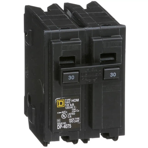 Front view of 30 Amp Two Pole Surge Circuit Breaker For 120/240V Home Panels, 10kA Interrupting Rating, fits electrical panels