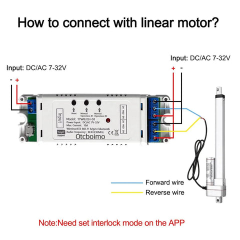 Smart WiFi Relay Switch For Linear Actuators And Garage Doors, 2 Channel DC12V 24V Tuya Compatible connection diagram