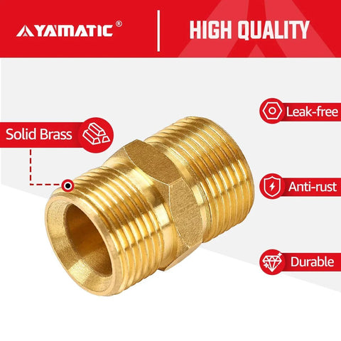Solid Brass Pressure Washer Hose Connector Double M22 14mm Male Coupler Extension Adapter For Pressure Washer Hoses Up To 5000 PSI No Fuss Setup Increases Reach Without Moving Vehicles Or Equipment, showing brass finish and threading detail.
