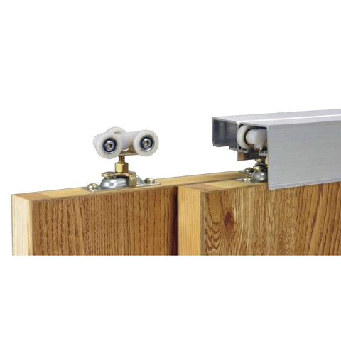 Sliding Bypass Door Hardware Kit 118F for 72 Inch Two Door System with aluminum track and wheel hanger in use