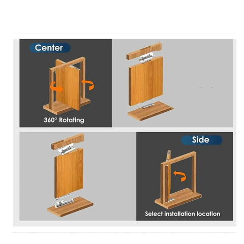 Diagram of Heavy Duty Hidden Pivot Door Hinge Kit 360 Degree Rotation Stainless Steel, showcasing 360° rotation and installation options.