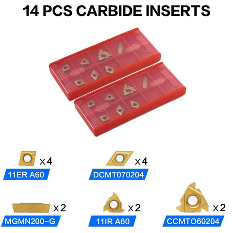 21 Piece Lathe Tool Kit With Indexable Carbide Turning Tools For Turning Grooving Threading And Boring Half Inch And Twelve Millimeter Shank Includes Seven Tool Holders And Fourteen Carbide Inserts, showing labeled carbide inserts in red packaging.