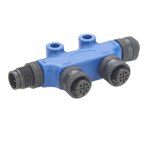 Blue NMEA 2000 N2K T Connector Micro C M12 Backbone Tee Splitter 2 Port IP67 Waterproof for marine CAN bus networks.