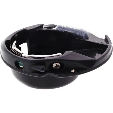 Black plastic bobbin case for sewing machines with metal tension spring and green adjustment screw, side view, compact.