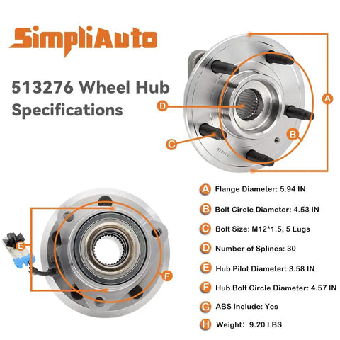Front Wheel Hub And Bearing Assembly 513276 5 Lug With ABS For Chevy Captiva Sport 2012 2015 with specifications diagram.