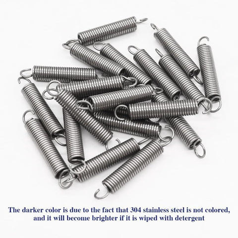 Stainless steel small extension springs with hooked ends, 1/4 in x 1-1/2 in, 20 pcs.