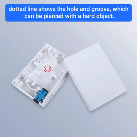 White 2-port fiber optic terminal junction box with cover off, blue SC/UPC adapter, inner mounting tray.