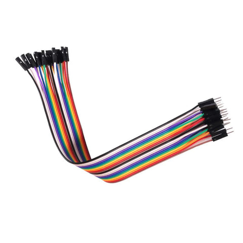 Jumper wire set, rainbow colors, two bundles with male and female ends for electronics prototyping.