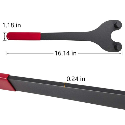 Cam pulley holding tool with red handle, side view; 16.14in long, for Nissan/Toyota OHC engines.
