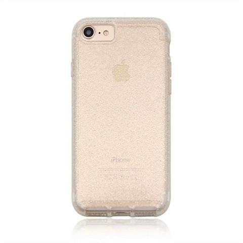 Transparent protective case on iPhone with glitter finish, showcasing back camera and Apple logo on a white background.