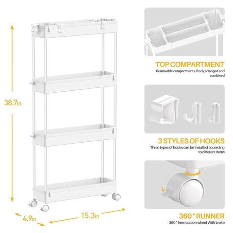Diagram of Slim 4 Tier Storage Cart With Rolling Wheels And Narrow Profile For Tight Gaps Between Furniture And Appliances 38.7 Inches Tall
