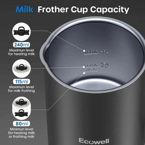 Close-up of 4 In 1 Automatic Milk Frother And Steamer For Coffee Lovers Hot Chocolate Maker showing 240 ml capacity marks